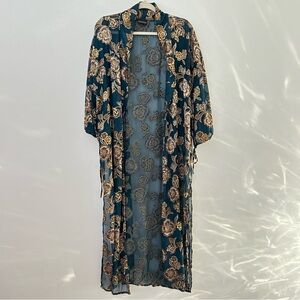 Shyanne Teal Floral Duster Kimono One Size Travel Boho Festival Beach Coverup